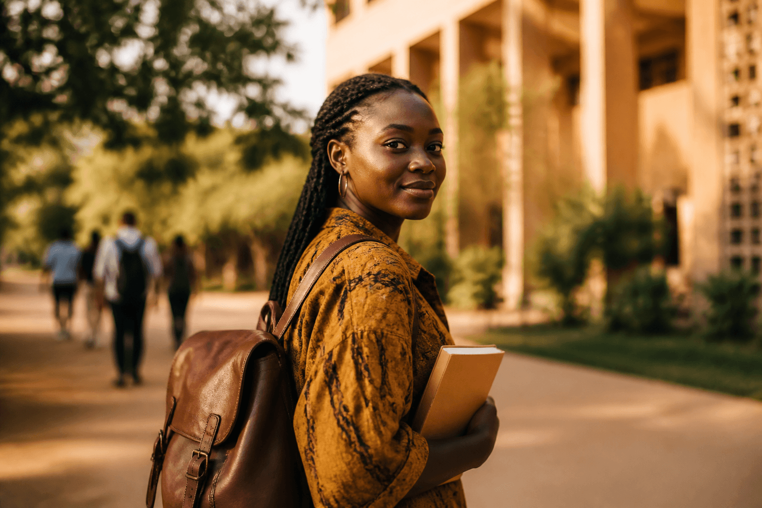 Étudiante ouest-africaine marchant sur un campus au soleil couchant